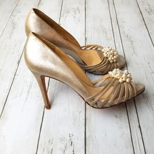 Talbots Verna2 Leather Platinum Faux Crystal and Pearl Embellished Peep Toe Heel